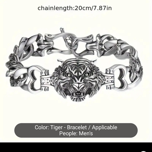 Men's Stainless Steel Silver Tiger Head Bracelet 8" - Picture 7 of 11
